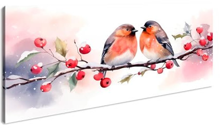 Zwei Rotkehlchen auf verschneitem Zweig – winterliche Harmonie. Panorama 80x40cm XXL Kunstdruck Motiv auf Holzrahmen/Leinwandbild/Wandbild/Wohnzimmer Dekoration