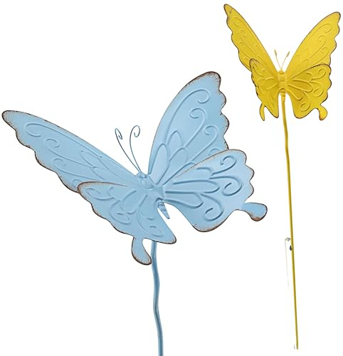 Cepewa Gartenstecker Schmetterling 2er Set | hellblau gelb 24x90cm Eisen | Dekostecker Gartendekoration (2)