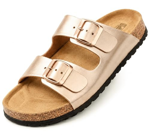 GONKOS®, Sandali Uomo Donna in Pelle, Vera Pelle, Sughero Naturale, Sandali Donna Estive Ciabatte Donne Uomo, Qualità Made in Spain, Colore rosa metallizzato 41
