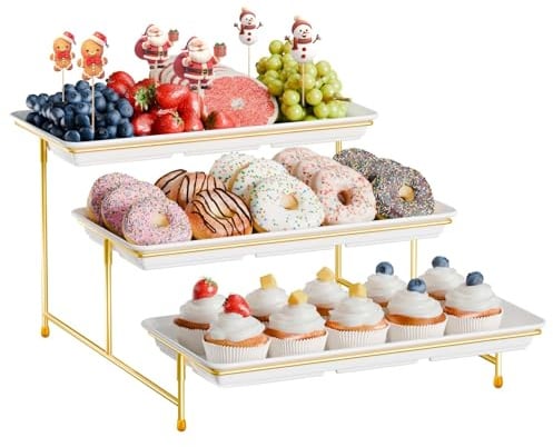 3-Tier Melamine Serving Tray Set, 36cm*18cm Platters for Serving Food, White Reusable Trays with Golden Metal Display Stand for Cupcakes, Sevring Food, Dessert, Fruit, Cookie, 24K Gold-Plated
