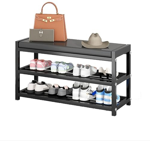 UUE Schuhbank, Schuhregal mit 2 Gitterablagen, Aufbewahrung für Schuhe, Sitz mit Kunstleder, Schuhregal Schwarz bis 200 kg, Metall Schuhbank für Eingangsbereich, Flur, Wohnzimmer, 25 x 75 x 42,5 cm
