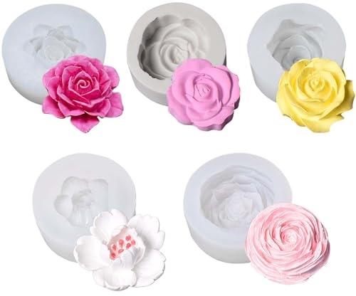 5 Stück Silikonform Blumen,3D Kerzen Formen Silikon Rosen Lotus,Blumen Kerzen Form,Transparentes Weiß Silikonformen Gießformen,Für Seife Schokolade Aromatherapie DIY Dekoration