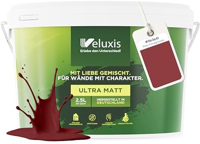 Veluxis Wandfarbe Rot Braun Bordeaux matt 2,5 L – Perky Pomegranate | Innenfarbe mit Deckkraft Klasse 1, VOC-frei, ohne Grundierung, tropfarm, für Wohnzimmer und Schlafzimmer