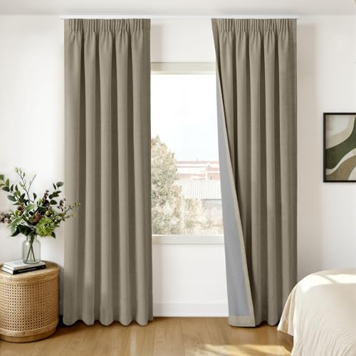 INOVADAY 100% Verdunklungsvorhänge Kräuselband 2 Stück 245x140cm,PlazaTaupe | Gardinen mit Kräuselband Wohnzimmer für Schienensystem, Vorhang Blickdicht Leinenoptik, Thermovorhang Schlafzimmer, OEKO