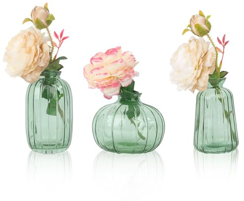 Sage Green Glass Bud Vase Set of 3, Decorative Small Vase for Table Living Room Bedroom Home Office Kitchen