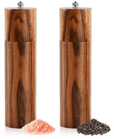 Set de 2 Moulin à poivre et à sel en bois, Moulin à Sel et Poivre en Bois Manue, Ensemble de Moulins à Épices, Mouture en céramique réglable, pour Sel de Mer, Piment Poivre, 20,3 cm