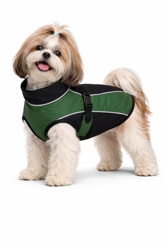 Softshell Hundemantel Grün wasserabweisend Winddicht warm gefüttert reflektierend atmungsaktiv Hundejacke mit Leinenöffnung verstellbar Wintermantel für kleine große Hunde (45cm)
