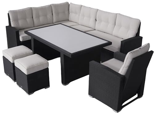 Ragnarök-Möbeldesign Dining Lounge Gartenmöbel PolyRattan – Hohe Sitzgruppe mit Tisch & weißer Glasplatte – schwarz Rattan – weiße Olefin Polster – Deutscher Hersteller