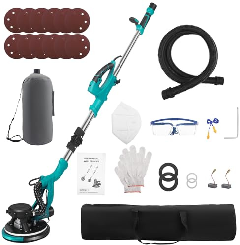 Levigatrice per Muro 850W con Giraffa Telescopica, 5 Velocità Regolabili (800-2100 giri/min), Testa di Rettifica Ø 215mm Inclinabile a 90° e Luce LED