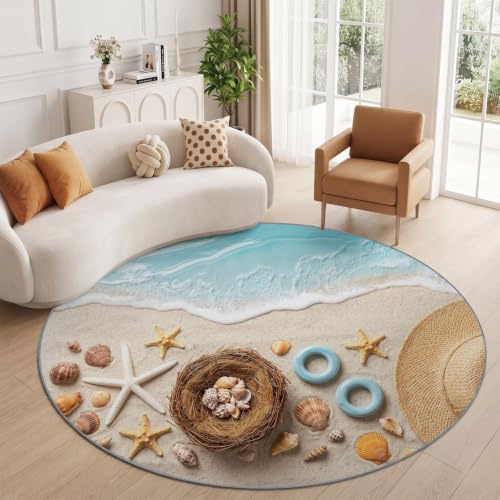 Tapis Rond Côtier Vacances 100 cm, Plage Étoile De Mer Coquillage Chapeau De Paille Lavable en Machine pour Salon, Antidérapant, Imprimé pour Salle à Manger Chambre d’Enfant Nurserie, Beige