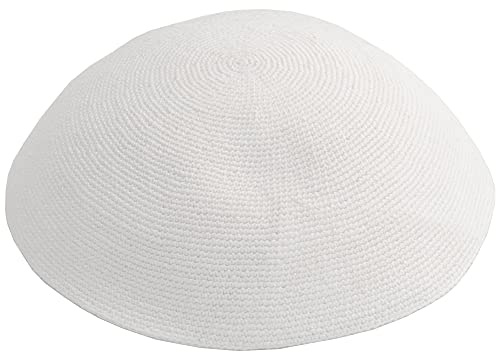 HolYudaica Handgemachte 100% Baumwolle DMC handgestrickte Kippah-Mütze aus Israel, Hüte für Männer, Yarmulke-Mütze, Kippah für Herren und Kinder (weiß, 22 cm - 8,7 Zoll-Flat)