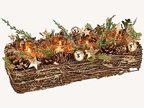 meindekoartikel Weihnachtsgesteck mit Teelichthalter Weihnachtsdekor aus Holz Kunststoff Glas (braun) (Adventsgesteck - Breite 40cm)