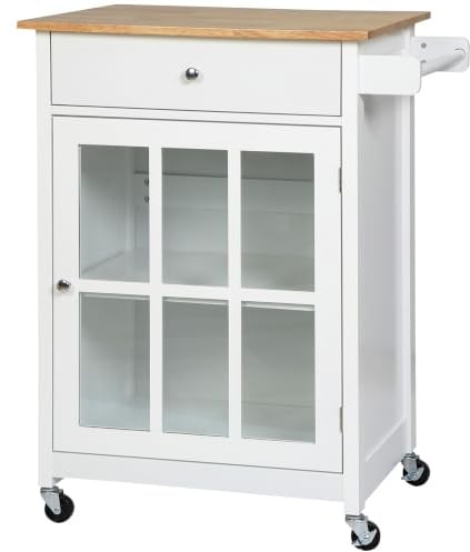 HOMCOM Küchenwagen Küchenrollwagen Servierwagen mit Räder Schublade Weinablage MDF Gummiholz Weiß+Eiche 67 x 48 x 86,5 cm