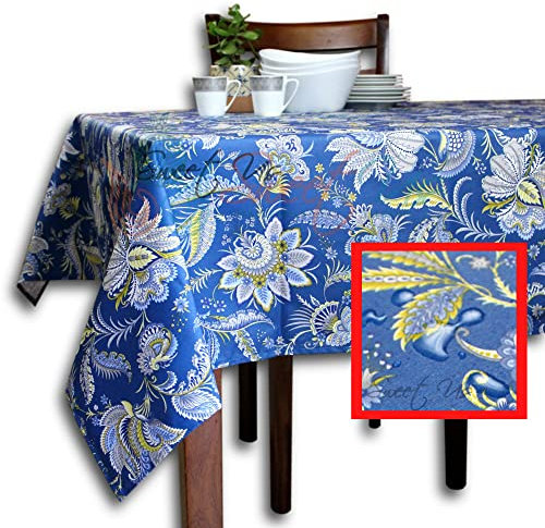 Sweet Us Abwischbare Tischdecke, auslaufsicher, Acrylbeschichtung, florale Baumwolle, französische Provenzalische Tischdecke für rechteckige Tische, 152,4 x 294,6 cm, Mystique Florale, Blau / Gelb