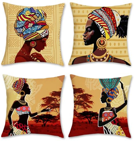 Bonhause 4er Set Kissenbezüge Afrikanische Frauen 45 x 45 cm Ethnisch Stammes Polyester Leinen Dekorative Kissenhülle Zierkissenbezüge für Sofa Schlafzimmer Wohnzimmer Auto Zuhause Dekoration