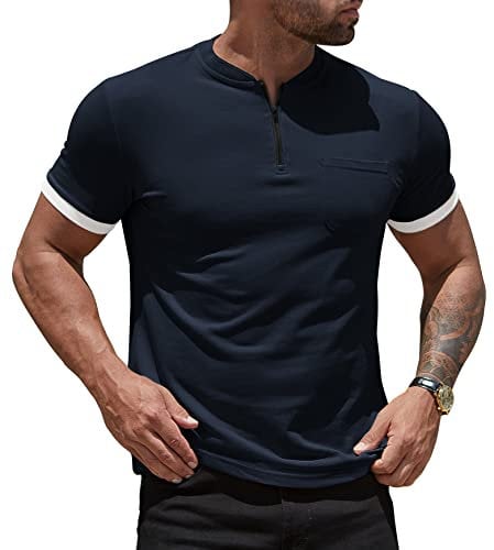 NITAGUT Men's Cotton Pique Zipper Polo Shirt, Navy, Medium