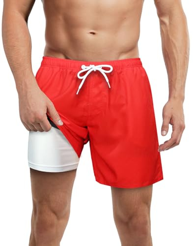LUCOWEE Compression Lined Swim Trunks Compression Liner Men Compression Swim Trunks with Compression Liner Bathing Suits Mens Compression Lined Red