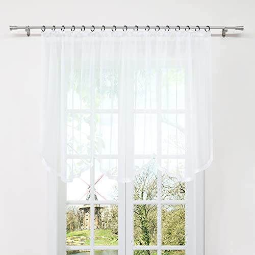 HongYa Bogenstore aus transparentem Voile mit Kräuselband und Satinband | Weiß, H/B 100/500 cm, einteilig, lichtdurchlässig, pflegeleicht, geschwungener Saum, für Küche und Wohnzimmer
