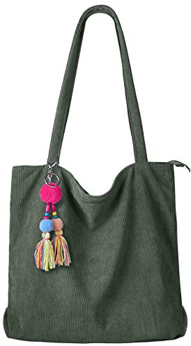 FITDON cord Tasche Damen Umhängetasche mit Reißverschluss, Groß Shopper Tasche Schultertaschen Tote Bag Handtasche, Grün