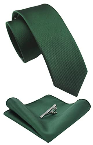 RBOCOTT 2.4 Dark Green Skinny Tie and Pocket Square with Tie Clip Sets for Men(6cm)