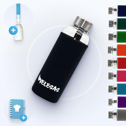 Velesas® Trinkflasche 1l | 500ml mit Schutzhülle | Glasflasche 500ml spülmaschinenfest mit Neoprenhülle und Edelstahldeckel | Wasserflasche für Schule, Arbeit, Fitnesssport, BPA-Frei | Schwarz