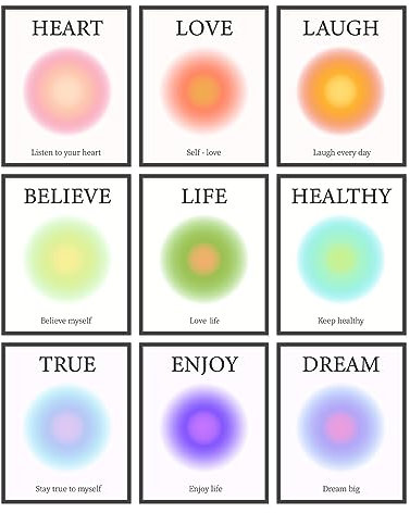 ORIGACH Positive Aura-Poster, Geist, Körper, Seele, Geist, Reise, Druck-Set, buntes Aura-Poster-Set, körniger Farbverlauf, Leinwand, Wandkunst für Zimmer, ästhetisch, ungerahmt, 20,3 x 25,4 cm, 9