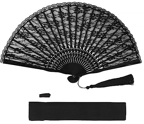 Spitzenfächer Mit Quaste Vintage Fächer Spitze Faltfächer Handfächer Hochzeitsfächer Brautfächer Faltbaren Tanzfächer Hochzeitsdeko Geschenke für Hochzeit Abschlussball Fasching Party (Schwarz)