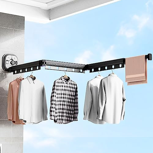 Grusce Wall Clothes Drying Racks with Strong Suction Cup, Retractable 3-Fold Clothes Laundry Hanger with Extension Pole Collapsible Laundry Drying Rack for Balcony, Laundry, Bathroom, Patio(Black)