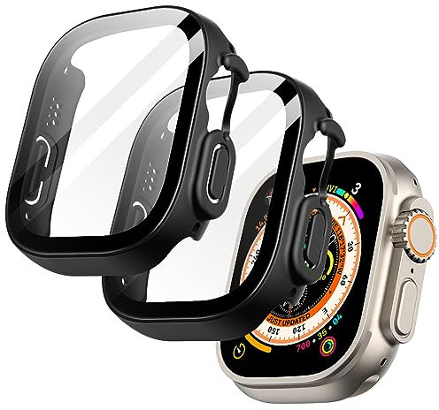 JETech Funda con Protector de Pantalla para Apple Watch Ultra 2/1 49mm, Cover Protectora Completo, Película Cristal Vidrio Templado, 2 Unidades (Negro)