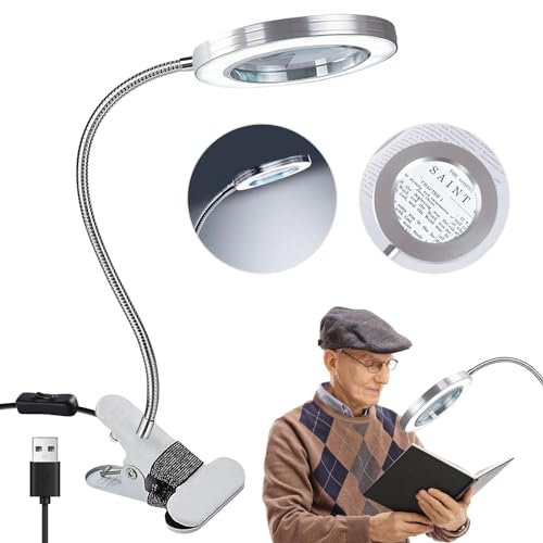 8X Lupe mit Licht und Ständer,LED Lupenleuchte, Lupenlampe mit Metallklemme, Lupenlampe mit USB-Klemme, 360° Drehbare für Arbeit, Lesen, Hobbys, Nähen, Basteln, 10W
