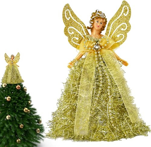 Supatmul Engel Weihnachtsbaumspitze, 20cm Zarte Weihnachtsengel-Baumspitze Mit Flügeln, Engelfiguren Baumkrone für Weihnachtsdekoration, Engelsstatue für Christbaumschmuck