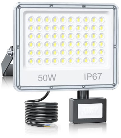 YIQIBRO Spot LED Extérieur Projecteur Detecteur de Mouvement 50W 5000LM 1 Pièces, 7000K IP67 Projecteur Exterieur Eclairage Lampe LED Exterieur Pour Patio, Terrasse