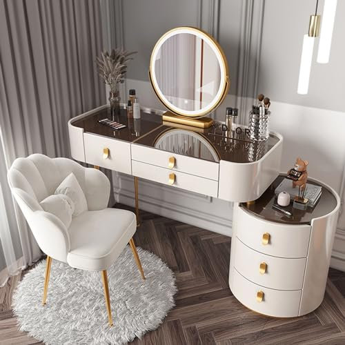 Generisch Großes Schminktisch-Set mit Schubladen und beleuchtetem Spiegel, Make-up-Schreibtisch mit Glasplatte, Beistellschrank und Stuhl, 3 Beleuchtungsfarben, großer Schminktisch für Sie