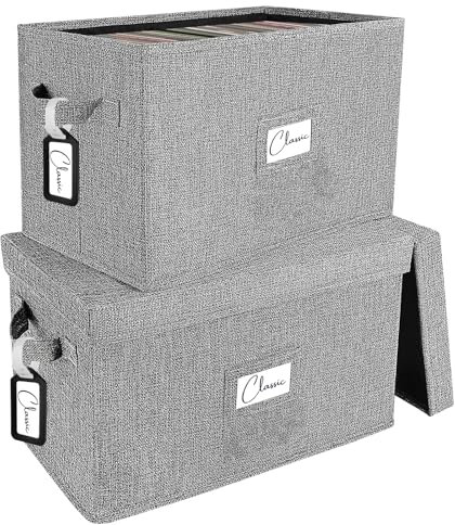 Caja de almacenamiento para discos de vinilo, juego de 2 - para LPs de 7/45 RPM, caja gris con tapa que sostiene hasta 160 álbumes, caja de reproducción de CD, organizador de archivos tipo carpeta
