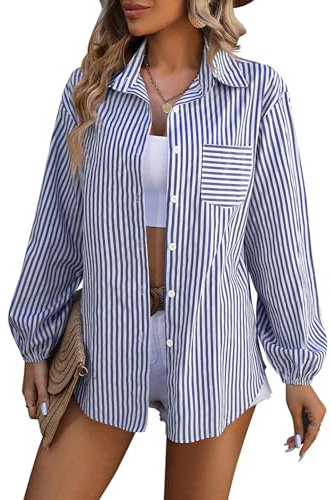 MINTLIMIT Women's Striped Button Down Shirts Long Sleeve Casual Blouses Shirt with Pocket 2024, Blue