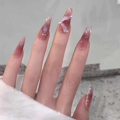 24pcs French False Nails - Press On Nails Long - Tulip Pearl Ribbon False Nails With Glue Long Coffin Shaped Elegant French Ballet Luxury Design Fake Nails