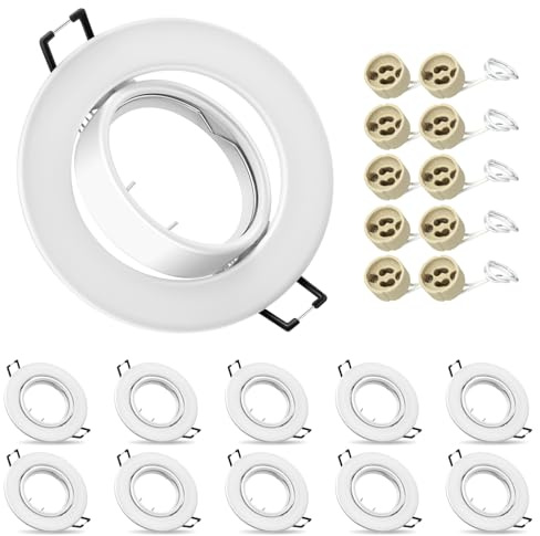 10x Modern GU10 Downlights for Ceiling, Round Matt White Metal Frame for Recessed Ceiling Lights, Tilt Swivel Spotlight with Lamp Holders, Outer Diameter: 90mm, Cutout Ø65-80mm (Bulbs not Included)