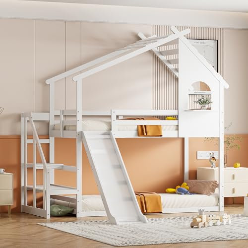 KEYIDE Lit Superposé Bas pour Enfant, Lit en Hauteur avec Toboggan, Cadre de Lit Superposé en Bois Massif, avec Sommier à Lattes, 90 x 200 cm, Blanc