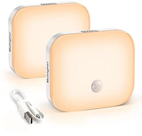 mohigher Nachtlicht mit Bewegungsmelder, Nachtlicht Aufladbar USB, Warm/Kaltweiß & Helligkeit Einstellbar, Auto/Ein Modi, Selbstklebendes Licht Akku für Kinderzimmer, Schlafzimmer, Flur, Küche