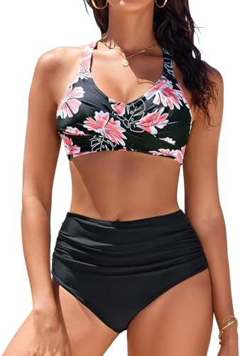 heekpek Maillot de Bain Femme 2 Pieces Taille Haute Bikini Push Up Maillot de Bain Femme Ventre Plat Avant Croisé Bikini Set Swimwear
