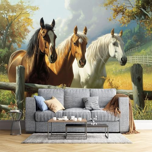 JEDTAKCT Papier Peint Panoramique Chevaux Anciens 260X175Cm Poster Geant Mural 3D, Tapisserie Photo Peinture Murale, Papier Peint Animaux De Campagne Fresque Pour Salon Chambre Toile Fond Tv