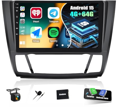 CAMECHO Qualcomm 8 Core 4G+64G Android 15 Autoradio para BMW 1 Serie E81 E82 E87 E88,Doble DIN Radio con 9 Pulgadas Touchscreen Soporta CarPlay,Dual WiFi,GPS,Bluetooth5.1, Dolby/Hi-Res+Cámara Trasera