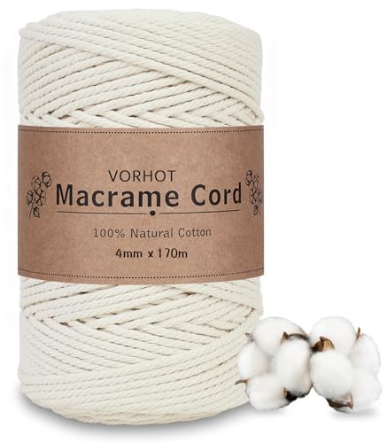 VORHOT Makramee Garn 4mm x 170m Beige, Makramee Baumwollgarn 4mm, Baumwoll Bastelschnur für DIY Handwerk Basteln Stricken Boho Deko Wandbehang Dekoration Wohnzimmer Balkon, Baumwollkordel Natur