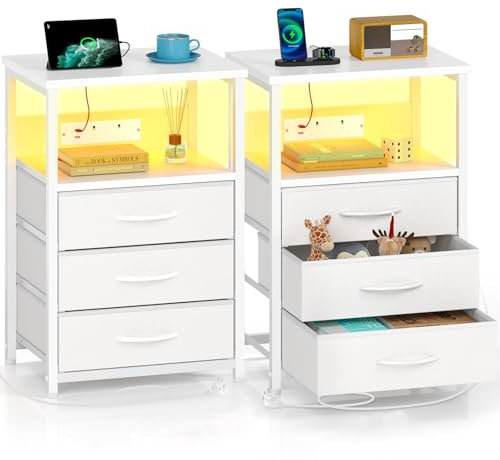 Seventable Bedside Tables Set of 2 - LED Side Table with Charging Station, Storage Shelf and 3 Drawers - Slim Narrow Nightstand Small Spaces for Bedroom/Living Room (2, White)