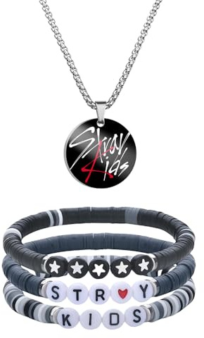 XFSRG Kpop Fan Schmuck Set Edelstahl Halskette mit Grafischem Anhänger und 3 Bunte Armbänder aus Polymer Clay Unisex Streetstyle Accessoire