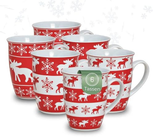 Bonito juego de 6 tazas de café de 250 ml con diseño de alce Skandi, color rojo y blanco