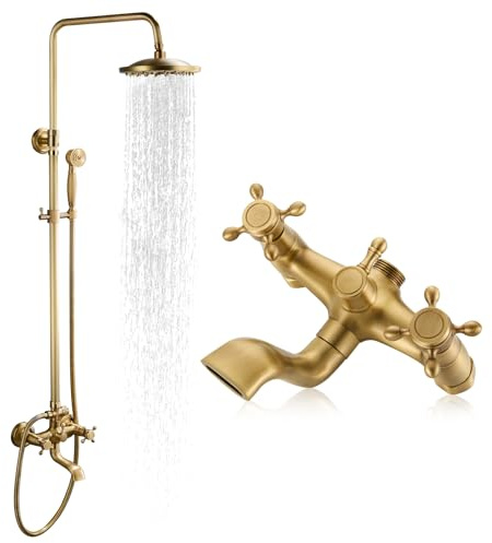 ROVOGO Retro Antique Brass 3-Function Shower Mixer Tap Set, 8 Adjustable Rainfall Head, Handheld & Bath Spout, All Brass Traditional Wall Mounted Shower Faucet System with Twin Handles & Riser Rail