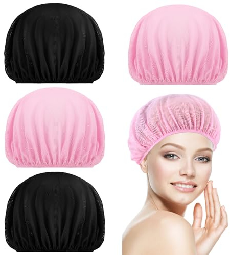 4pcs Mesh Sleeping Caps for Curly Hair, Hair Nets For Sleeping In, Mesh Sleep Bonnets For Night Rollers, Elastic Hairnet for Women (Black, Pink)29 cm
