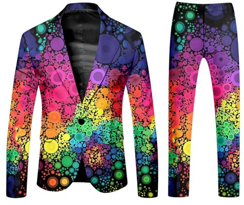 Generisch Regenbogen Kostüm Herren Anzug 2 Teilig Sportlich Sakko Hose Konfetti Anzug Herren 80er 90er Jahre Neon Party Outfit Bunte Karneval Mottoparty Kostüm Hippie Kleidung