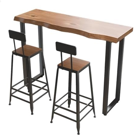 TJKK Nordic Solid Wood & Wrought Iron Bar Counter Table Set - Tall Dining Table with 2 Chairs, Irregular Thick Top for Kitchen, Home, Bistro, Dining Room